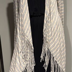 Lucy Love Striped Fringe Cardigan - Cream and Gray